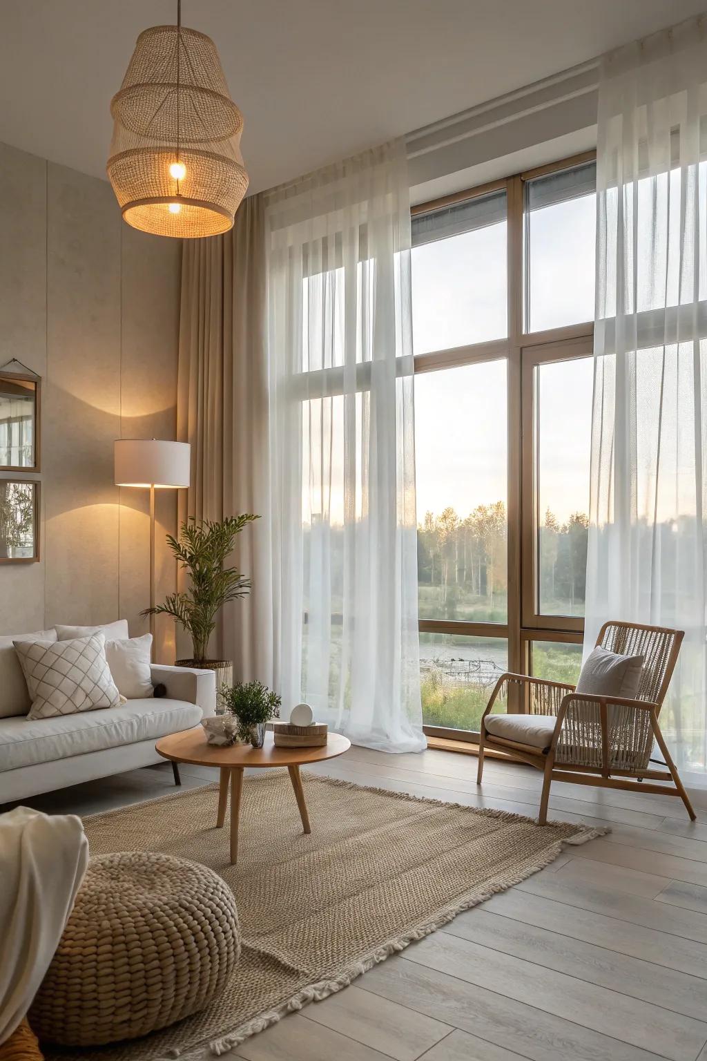 Natural light fills a Scandinavian living room, creating an open and airy ambiance.