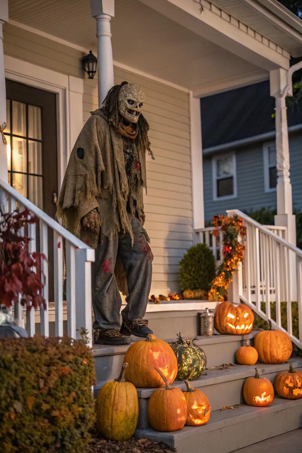 An imposing effigy stands watch over an All Hallows' Eve themed entrance.