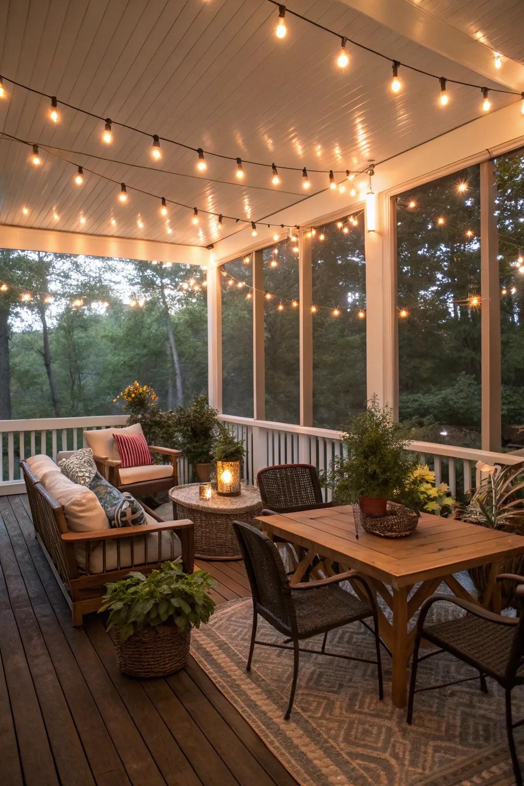Twinkling string lights create a magical ambiance on the porch.
