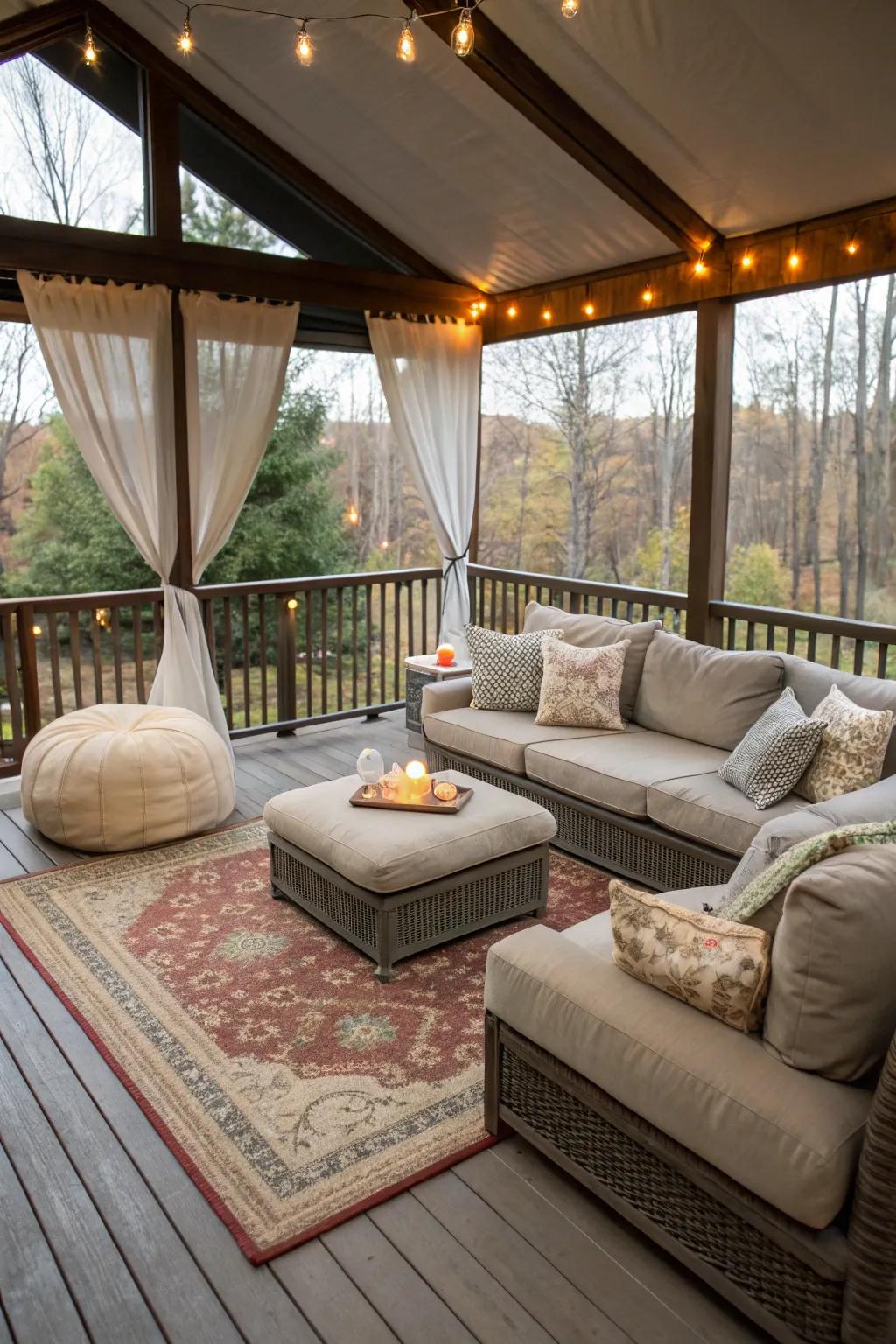 Build a cozy indoor-outdoor lounge on your deck.