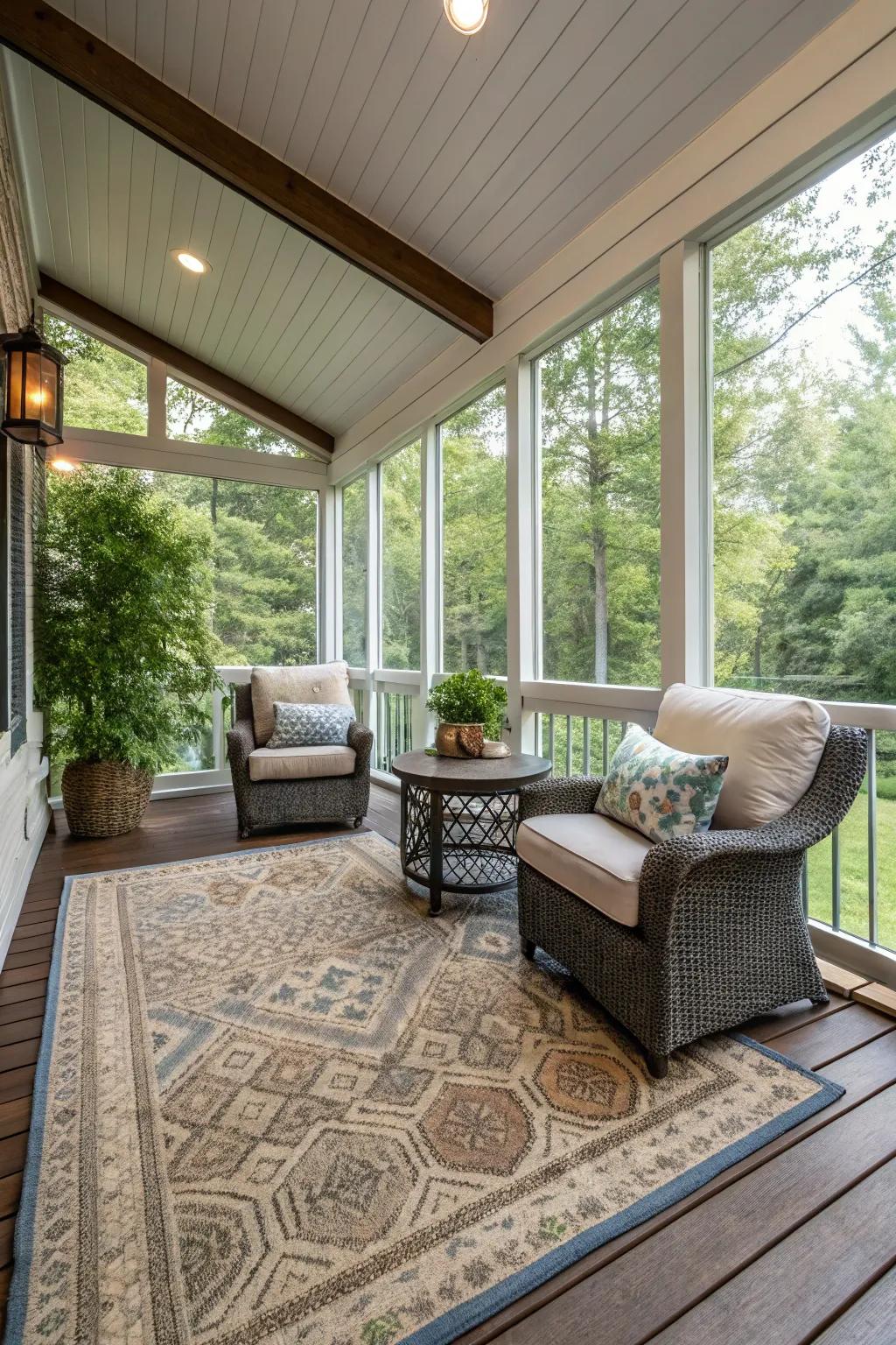 An indoor-outdoor lounge on the porch delivers both comfort and flair.