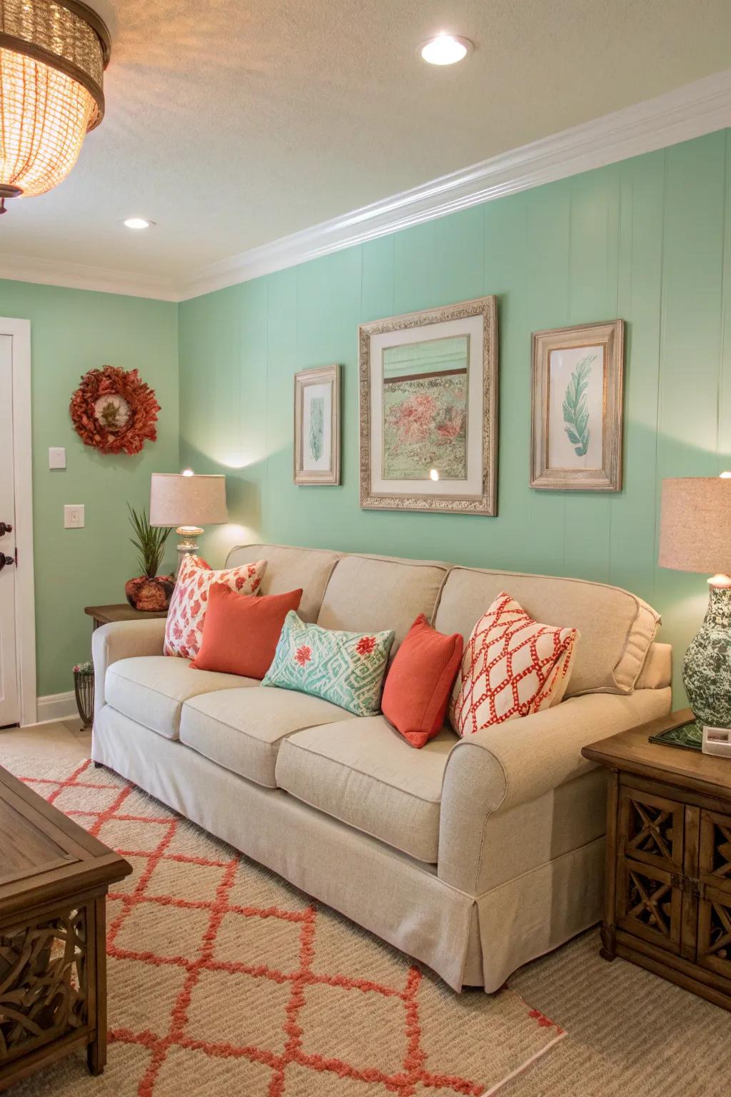 A coastal-inspired living area showcasing seafoam green walls and vibrant complementary accents.
