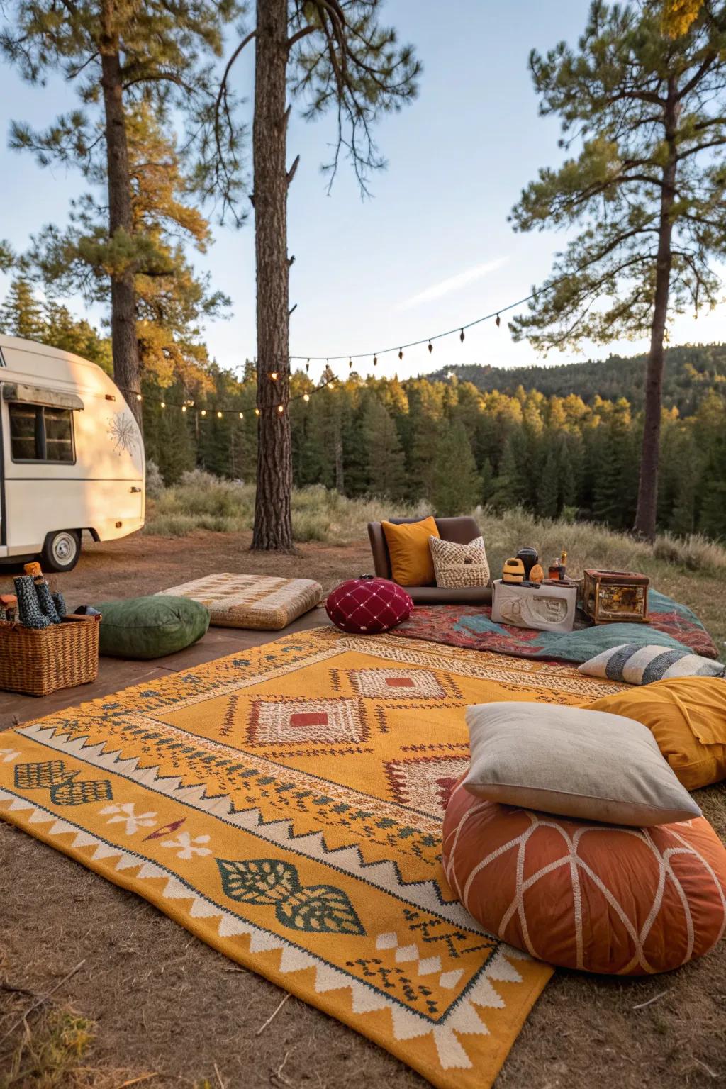 A seasonal mat injects allure and coziness into your campsite.
