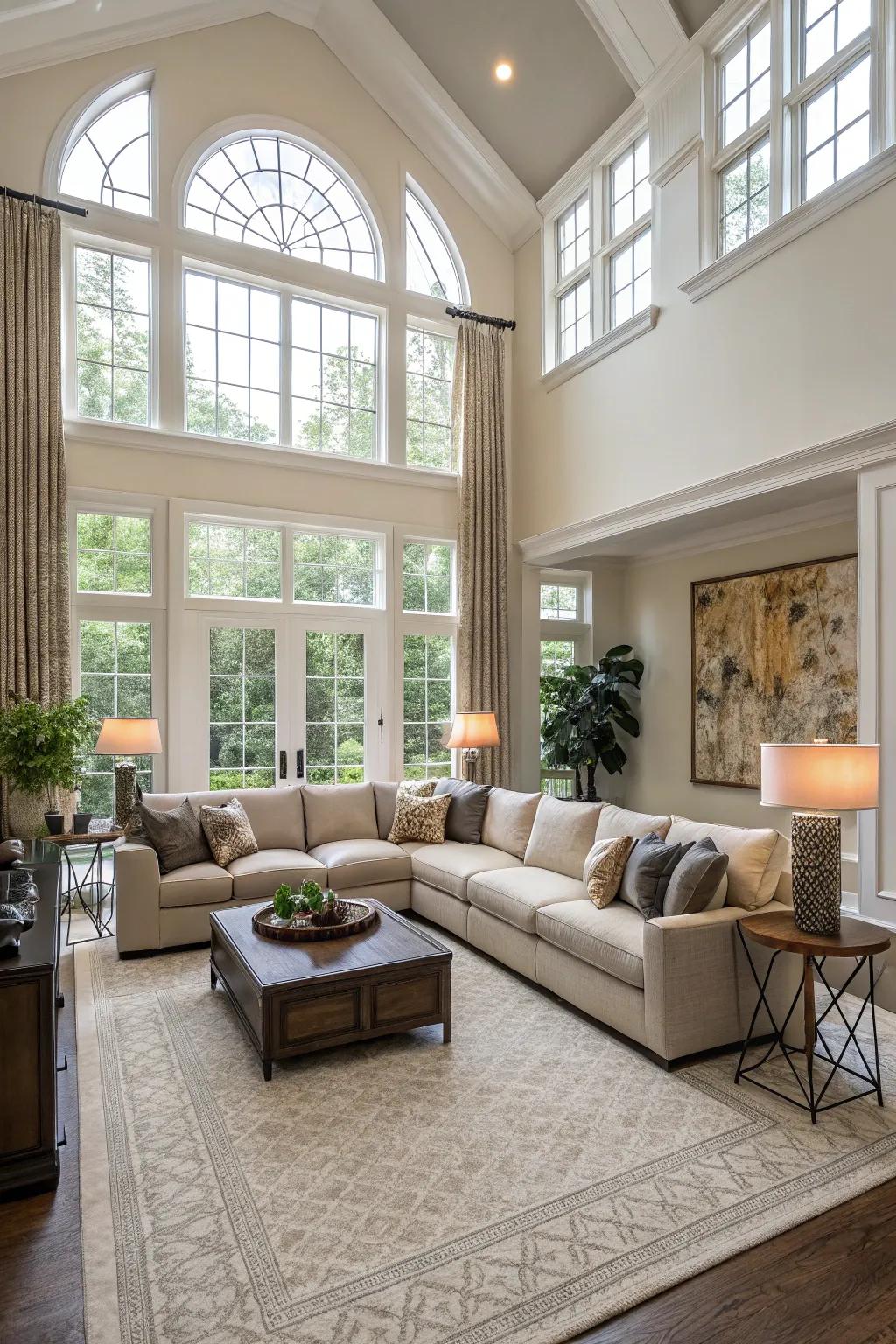 U-shaped sectionals establish a welcoming and inclusive seating arrangement.
