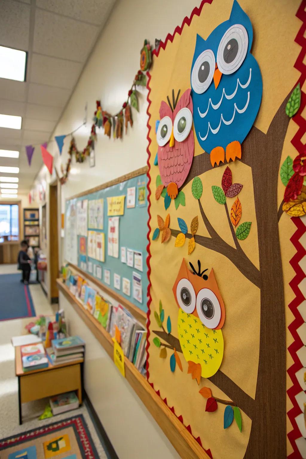 A whimsical, owl-themed bulletin board for preschoolers, complete with interactive features.