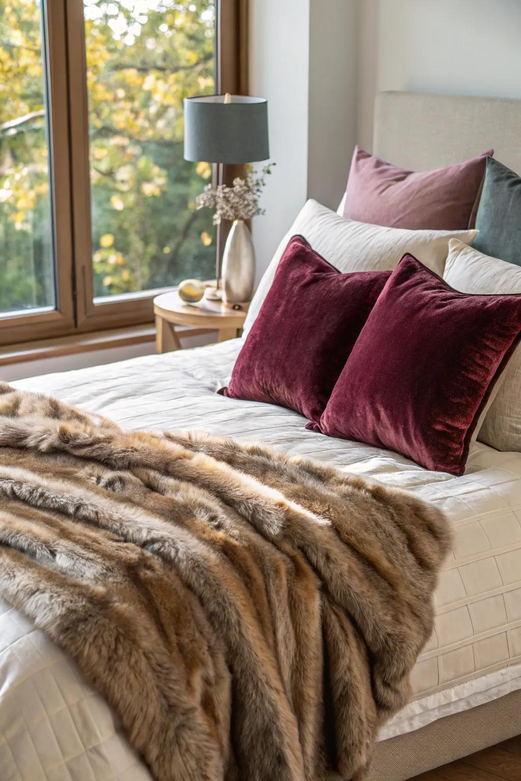 Velvet and faux fur enhance comfort.