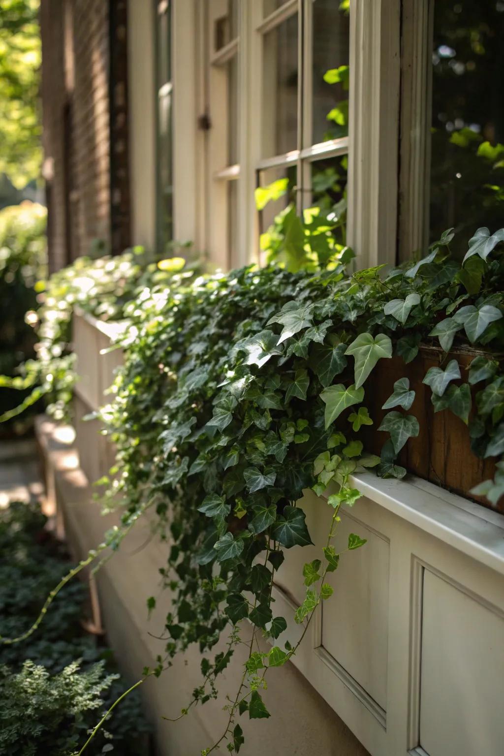 English ivy cascades with grace, adding a refined touch.