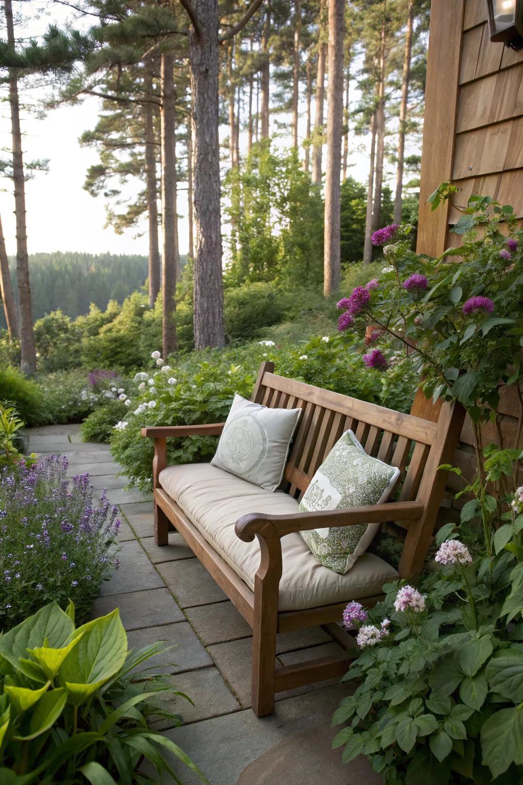 A timber bench presents a serene location for relaxation in a shaded corner.