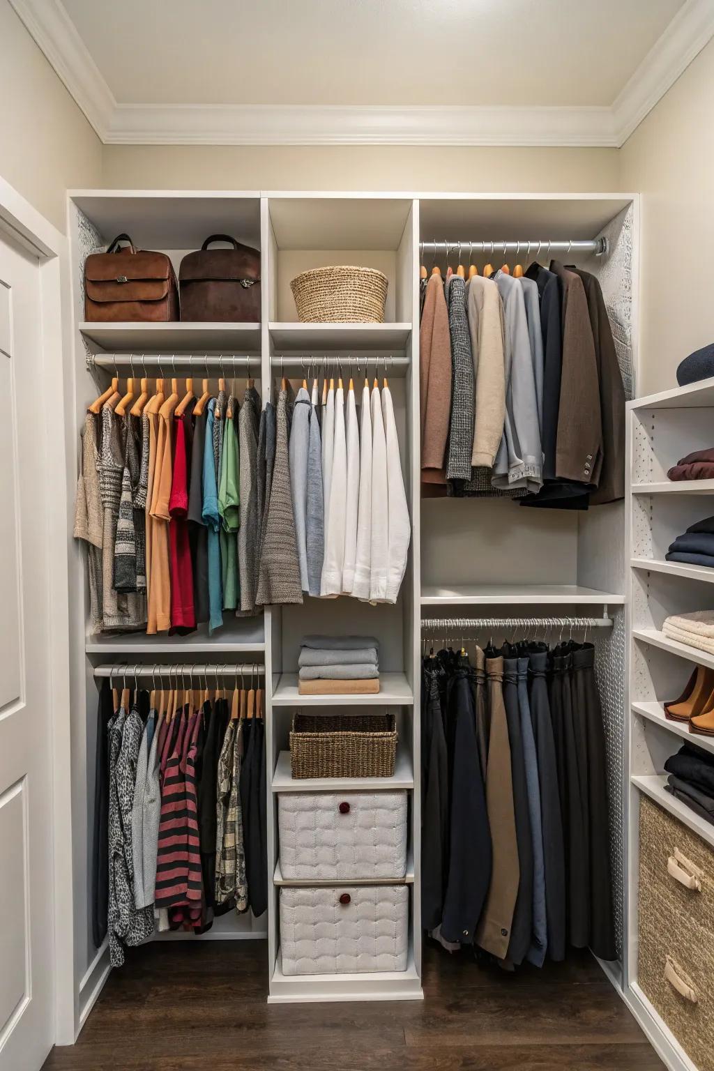 A closet effectively utilizing vertical space with elevated shelves and tiered rails.