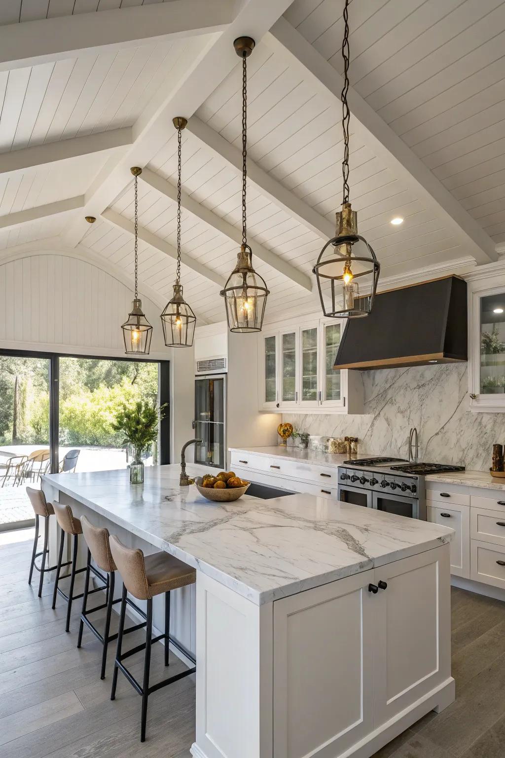 A contemporary kitchen featuring pendant lights that accentuate the shed ceiling.