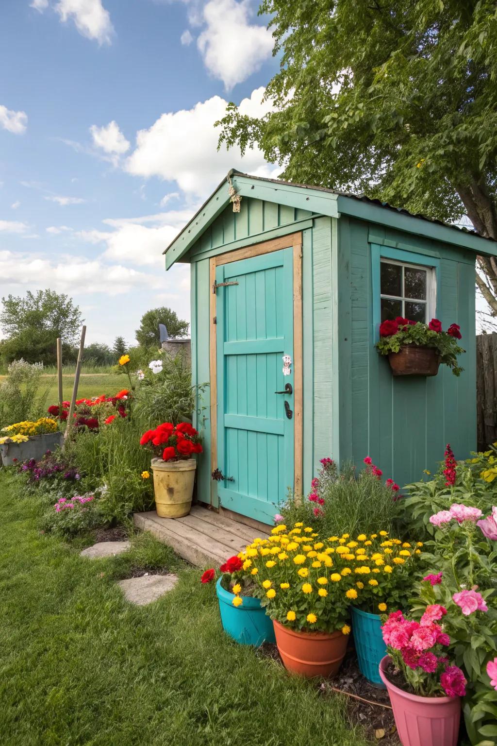 A garden shed featuring a turquoise door, incorporating a burst of color into the landscape.