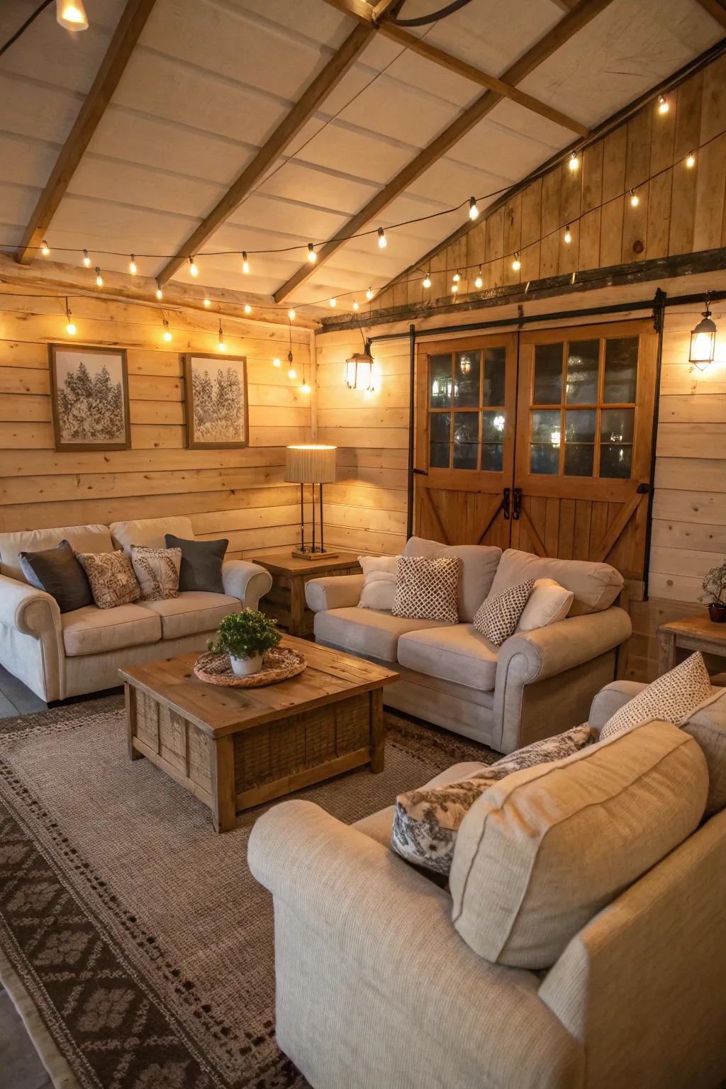 An inviting living space in a garden shed home with luxurious seating and soft lighting.