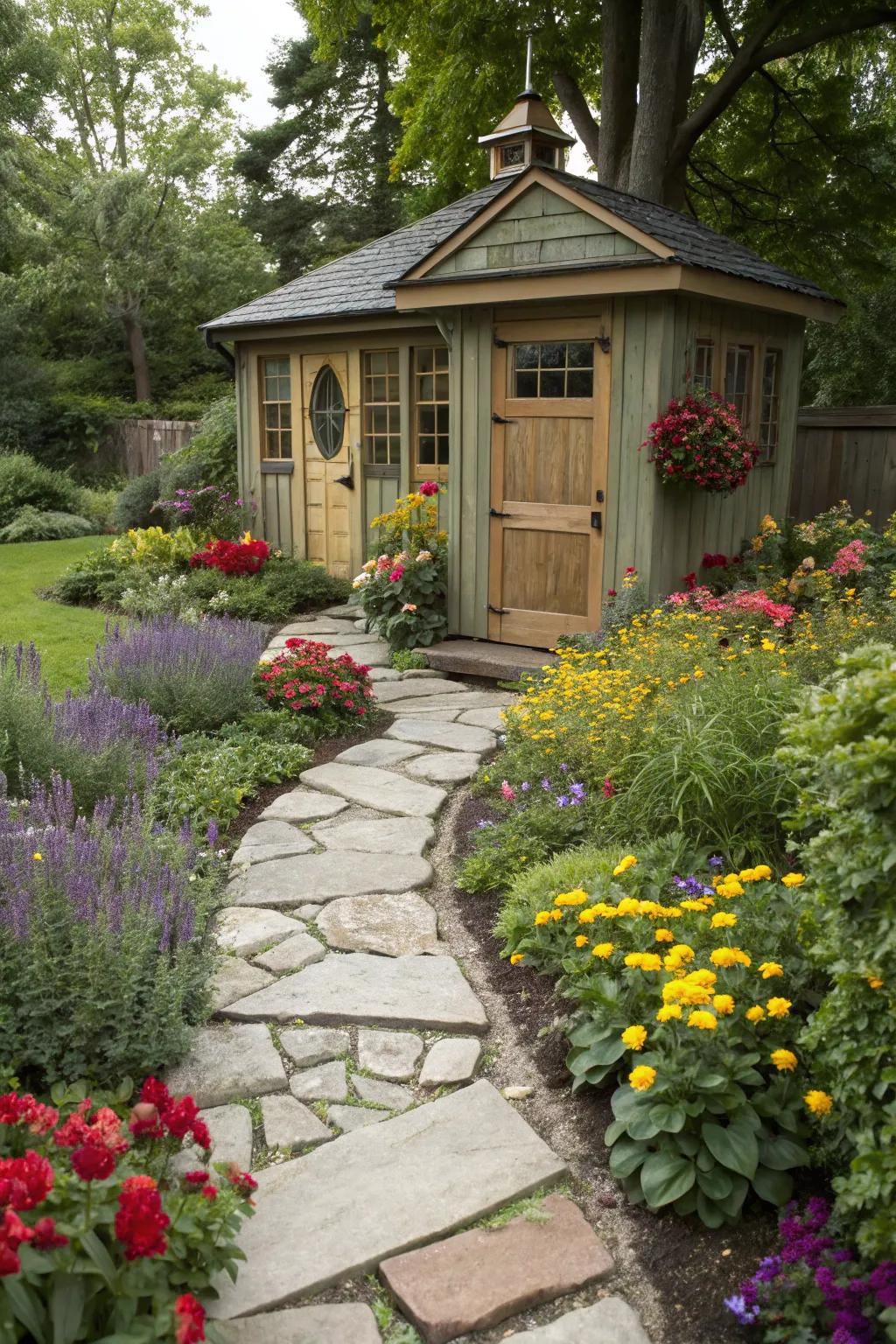 A garden shed shines as the main attraction with pathways guiding the way.