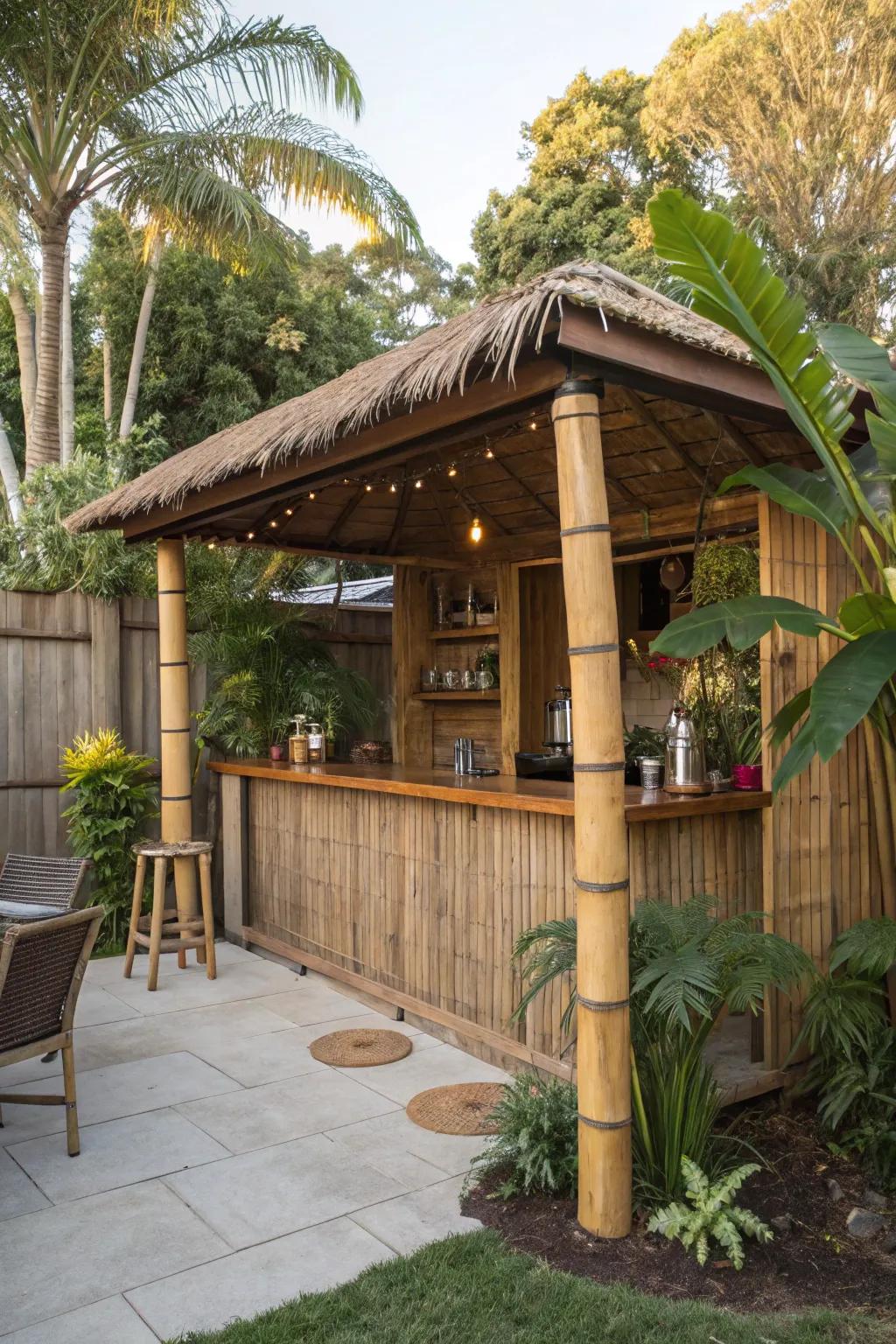 Craft a subtropical oasis using a Polynesian-inspired shed bar.