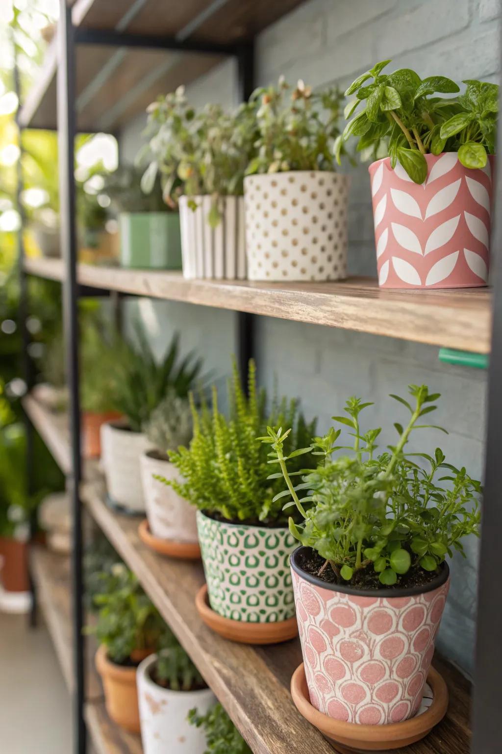 A shelf enhanced with compact potted plants and lush foliage.