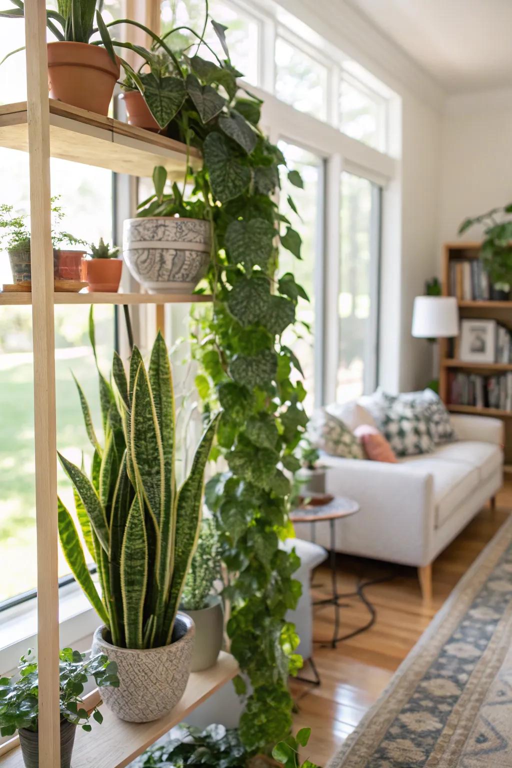 Display shelves furnished with houseplants, delivering the outdoors inside.