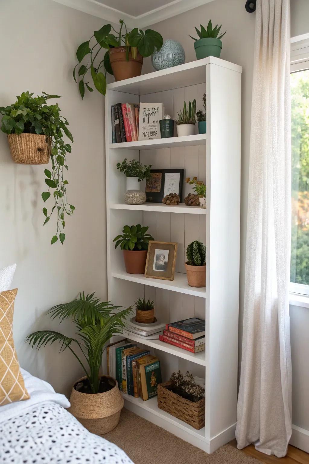 Corner shelves make use of space that is usually wasted.