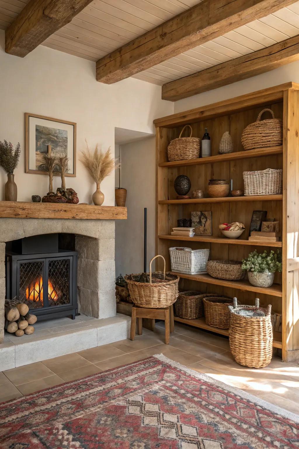 Weathered wooden shelves contribute countryside charm to the space.