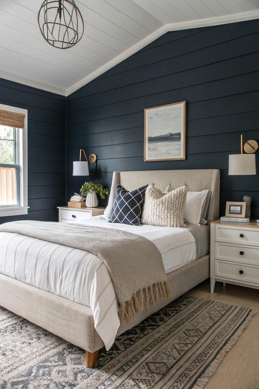 Dark shiplap introduces a striking and dramatic touch to any bedroom setting.