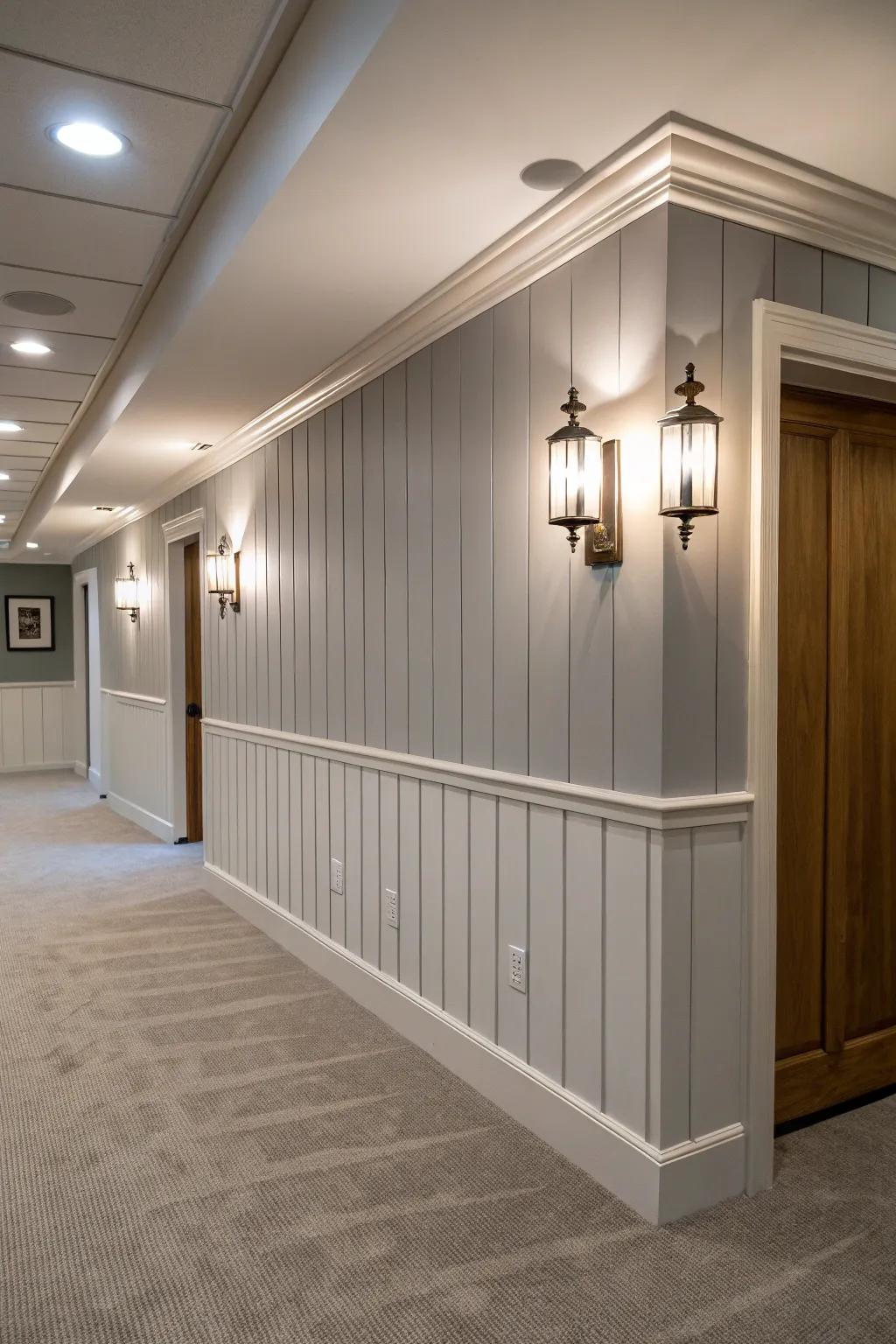 Upright grooveboard walls amplify the perceived height of this fashionable basement.