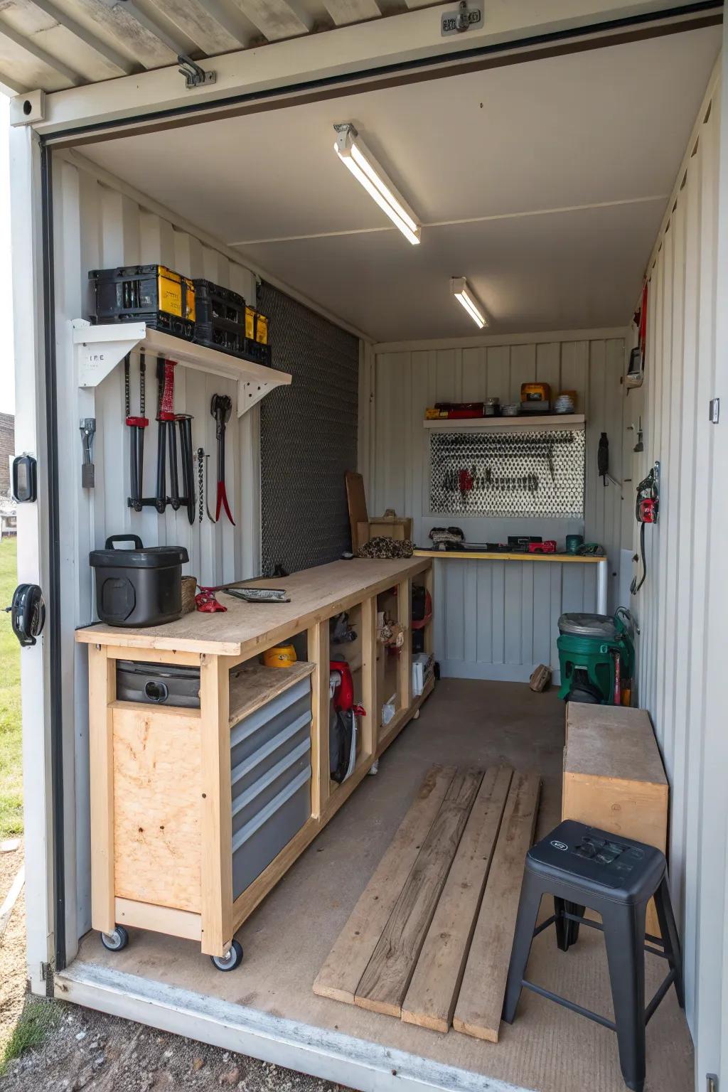 A shipping container transformed into a dedicated workshop zone.