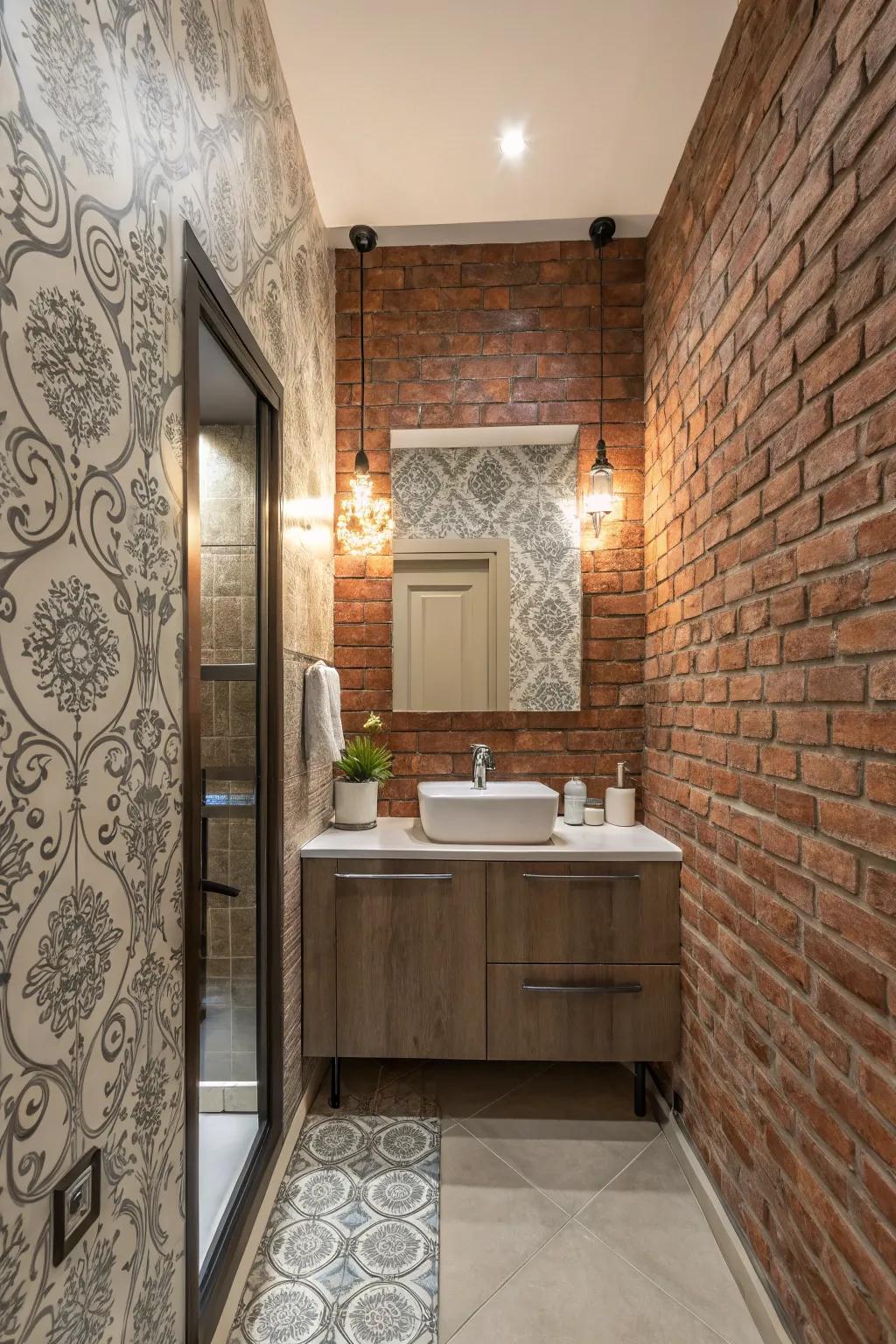 Ornamental wall treatments incorporating simulated brick and wallpaper.