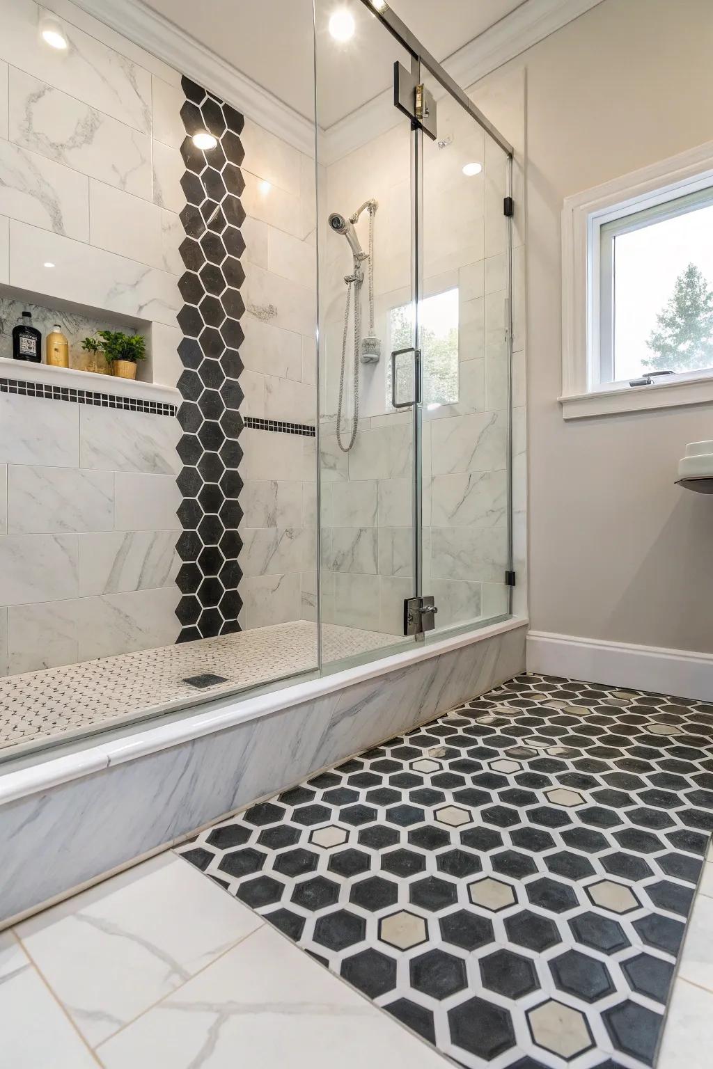 Hexagonal tiles provide a contemporary and fashionable aspect to shower curbs.