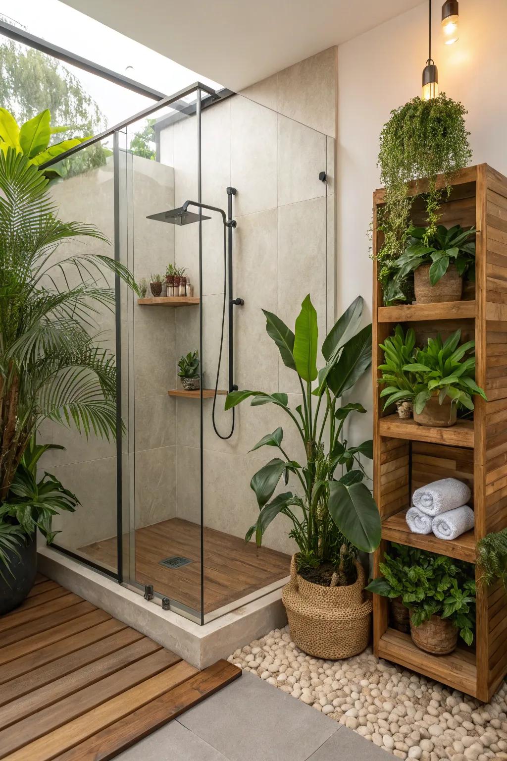 A shower adorned with lush green plants and wooden accents.