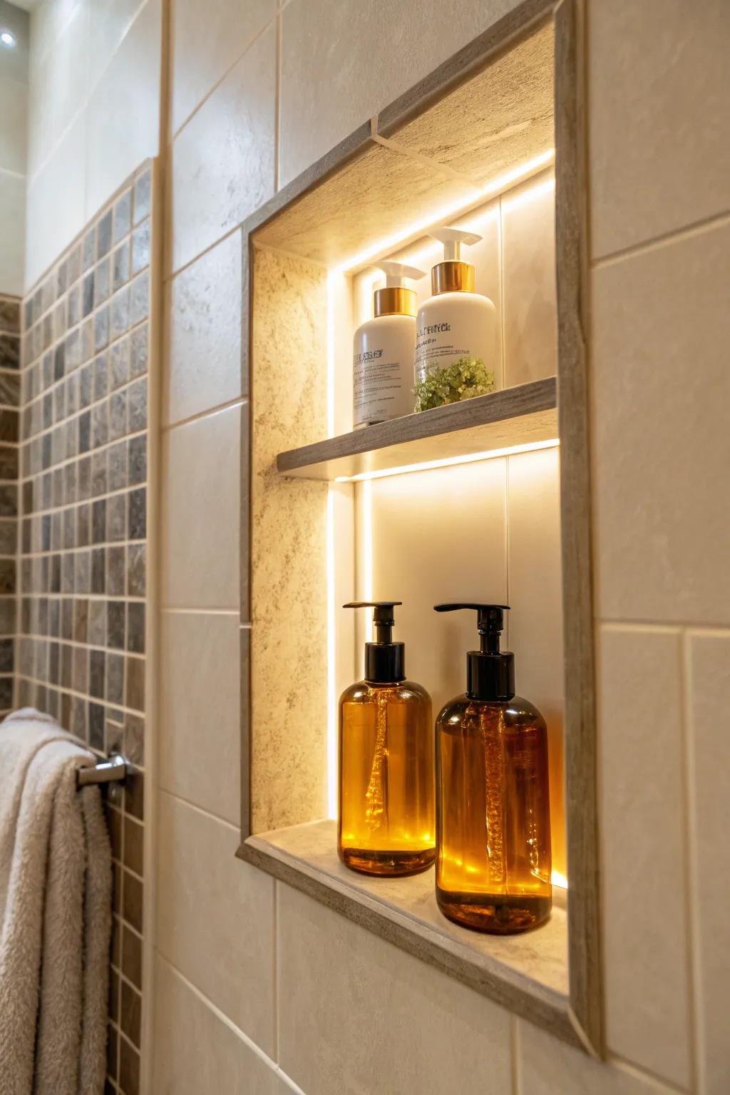 Alcoves with LED lighting craft a cozy, welcoming feel.