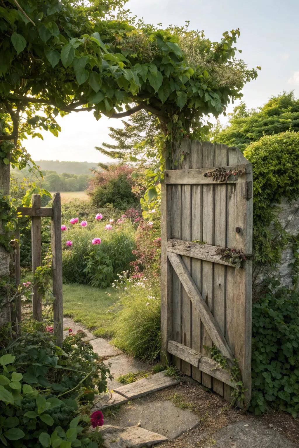 A homespun timber gate that infuses warmth into the garden.