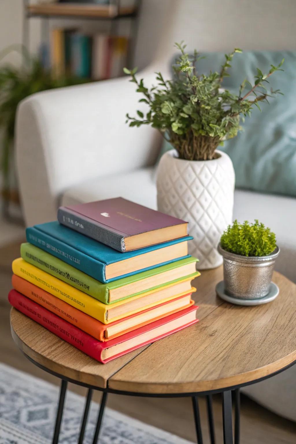 A side table adorned with a compilation of vibrant books and plants.