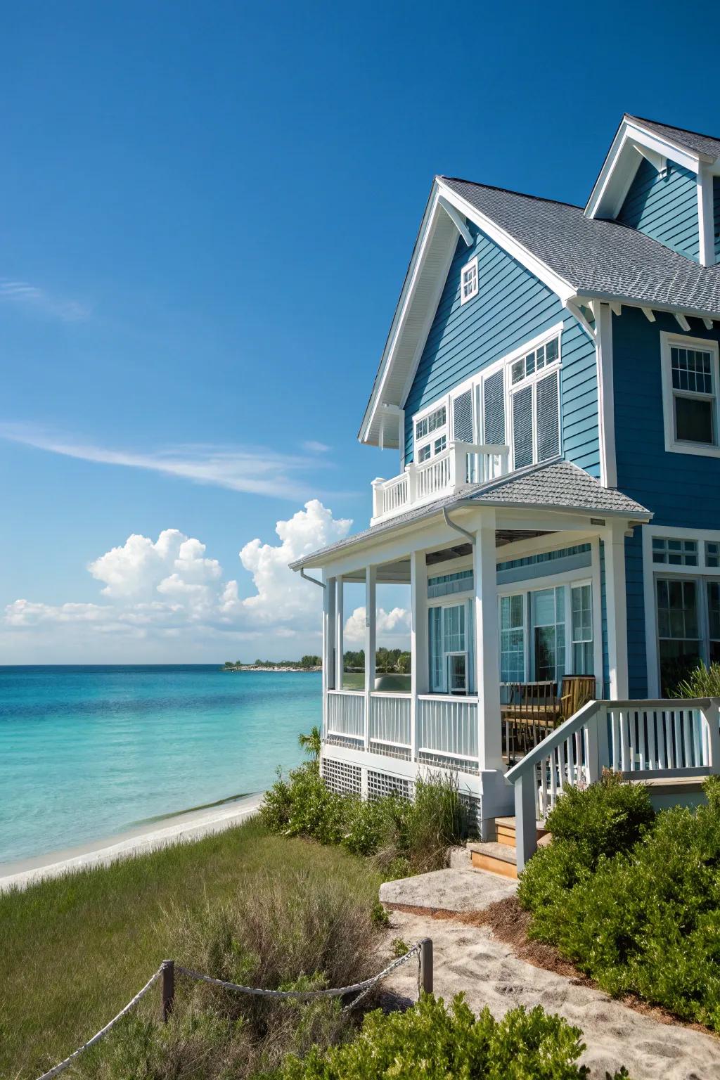 Serene azure cladding for a revitalizing, shoreline-inspired visual.