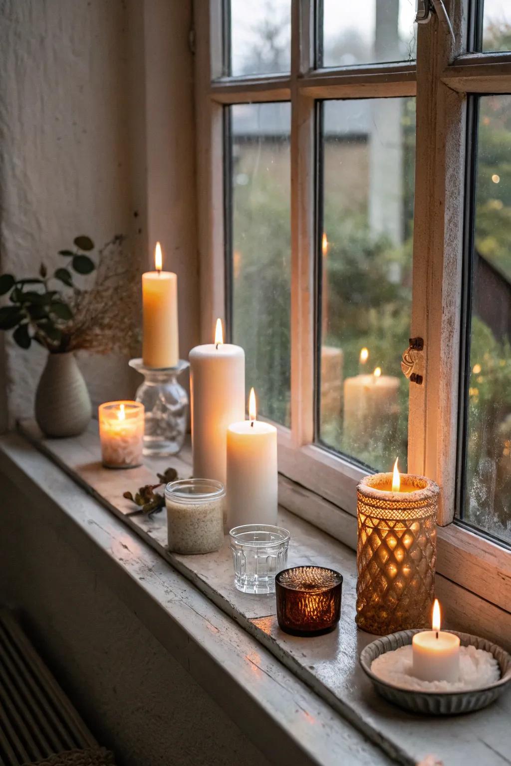 Conjure a mesmerizing radiance with an array of illuminations on your windowsill.