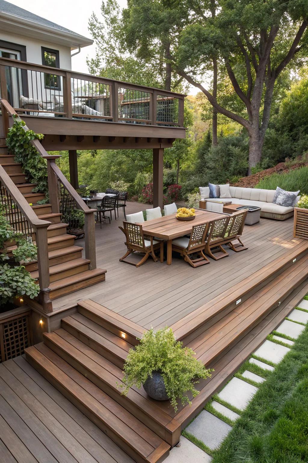 Tiered decks impart profoundness and allocated spots to your outdoor setting.
