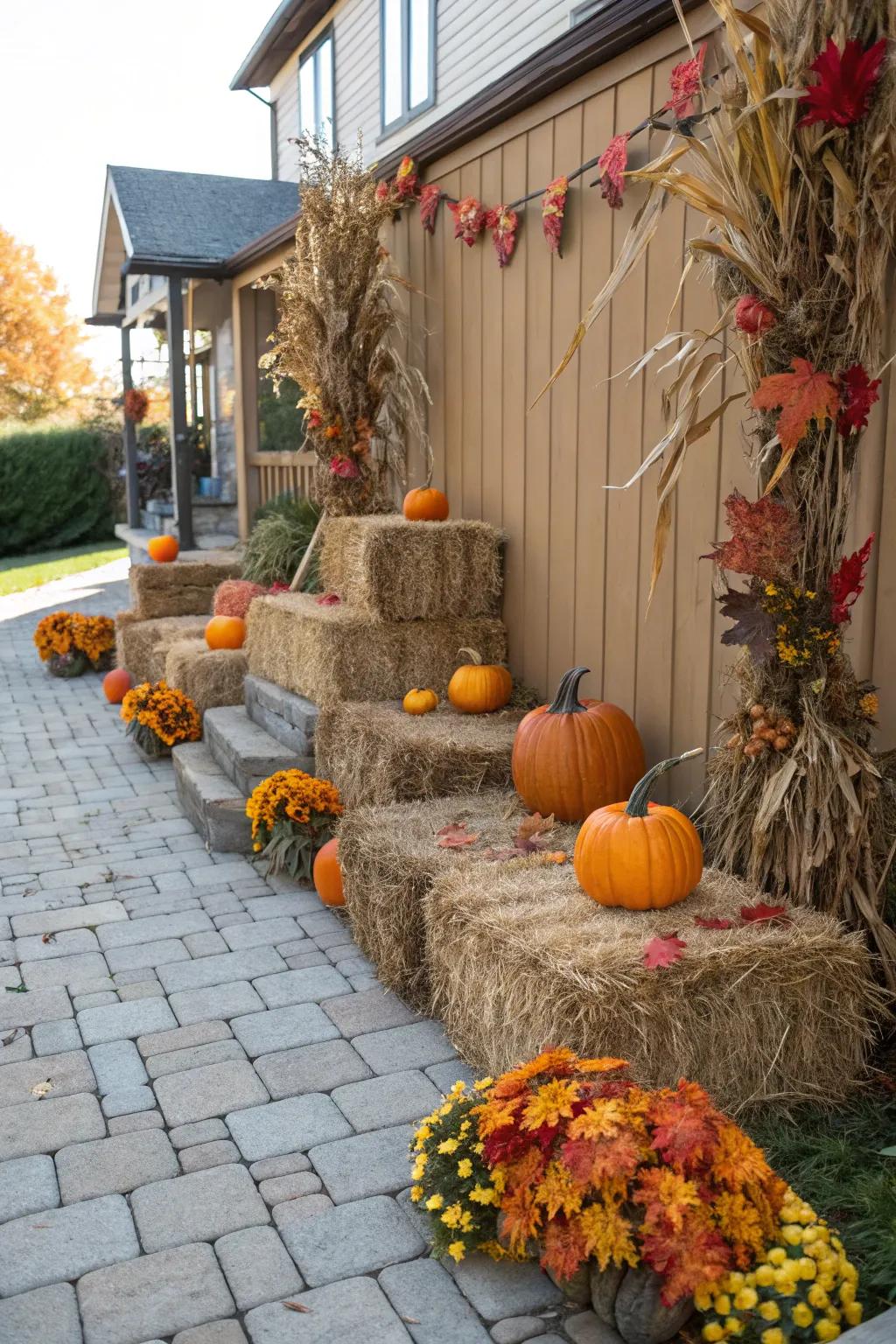 Country straw bundles put together to achieve the quintessential autumn setting.