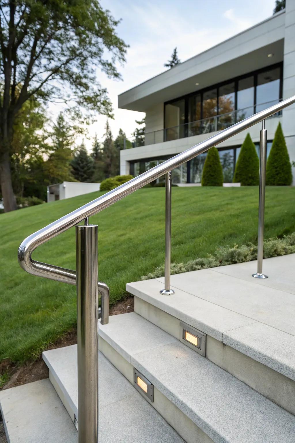 A streamlined metal handrail imparts a contemporary feel to outdoor steps.