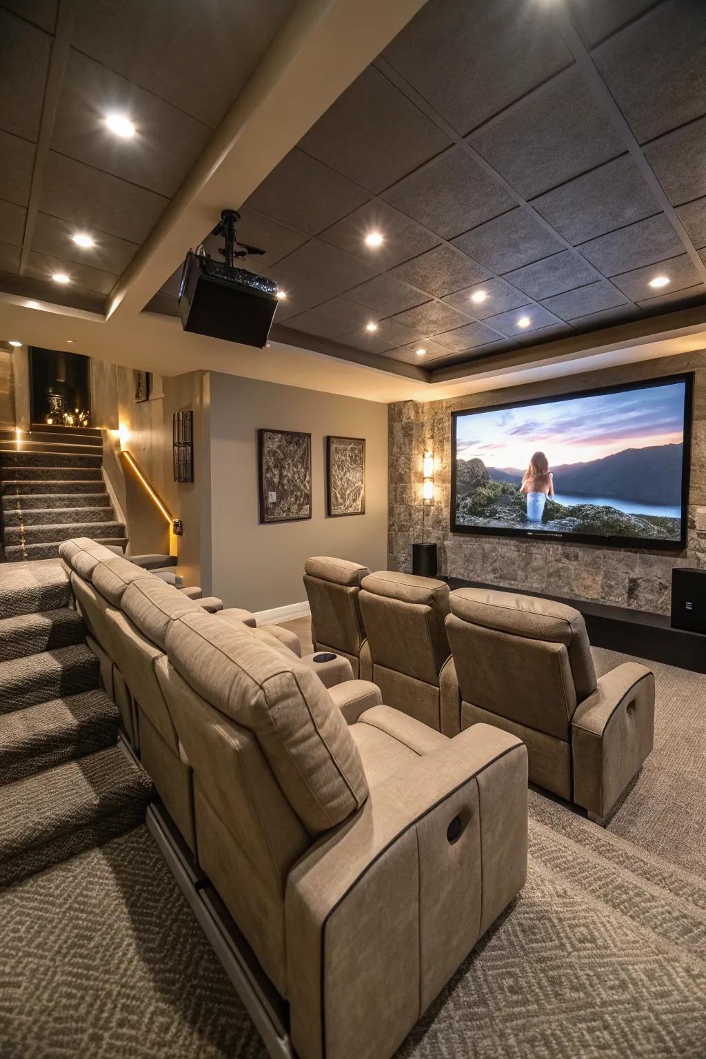 Comfortable recliners thoughtfully arranged in a home theater environment.