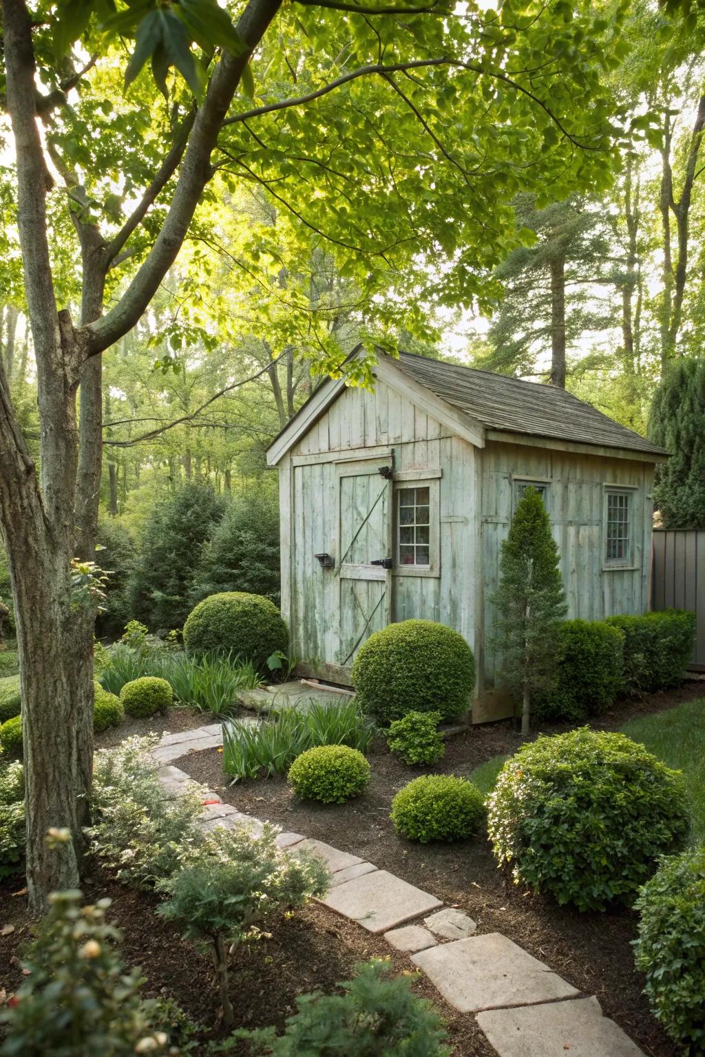 Bushes and saplings introduce dimension and texture to the setting around your shed.