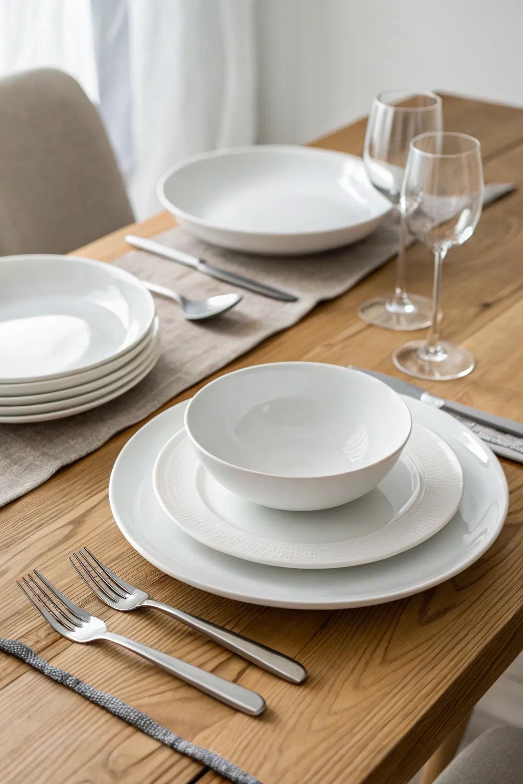 Understated place arrangements set on a cozy wooden table.