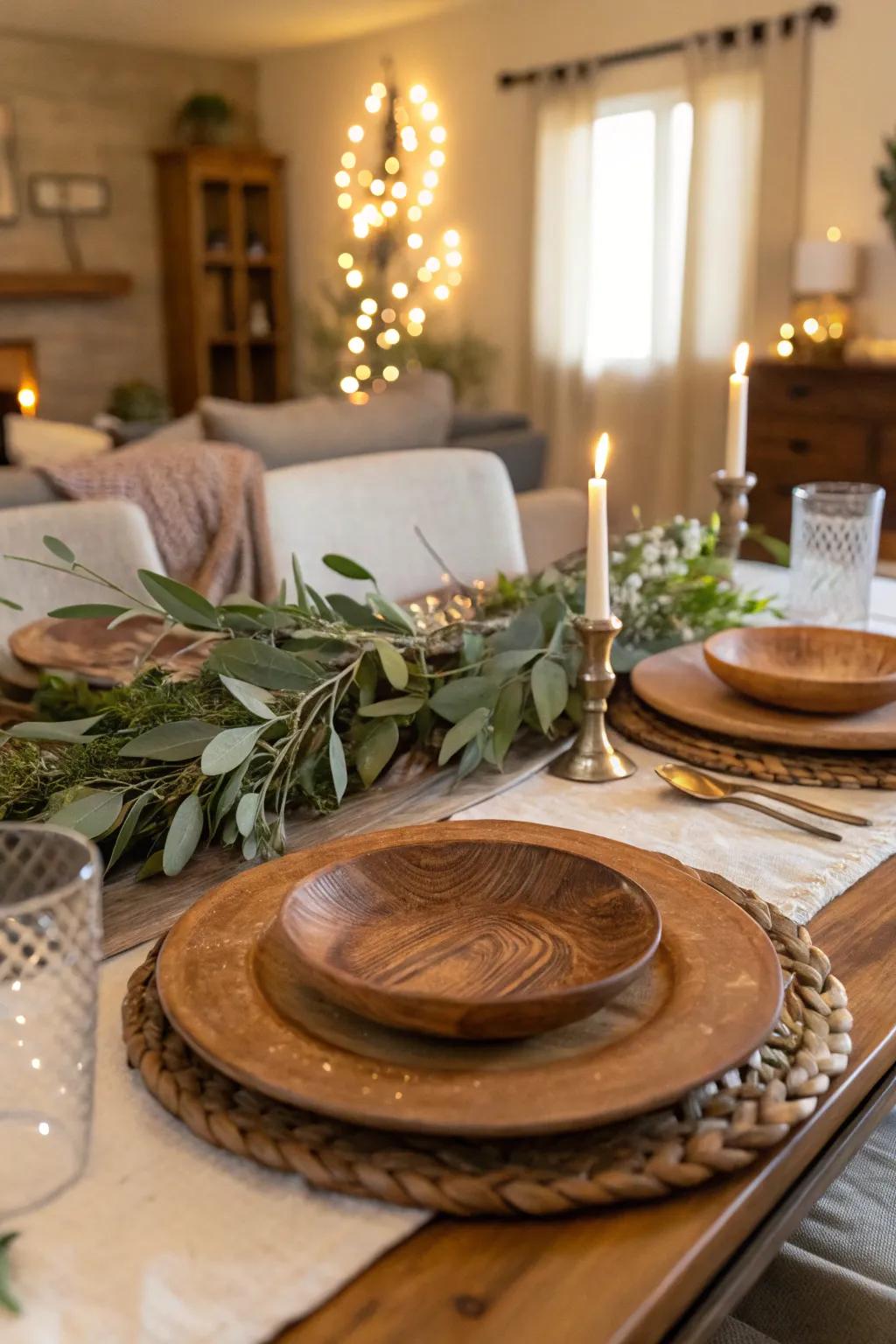 Wooden serving plates enhancing the warmth of a rustic dining setting.