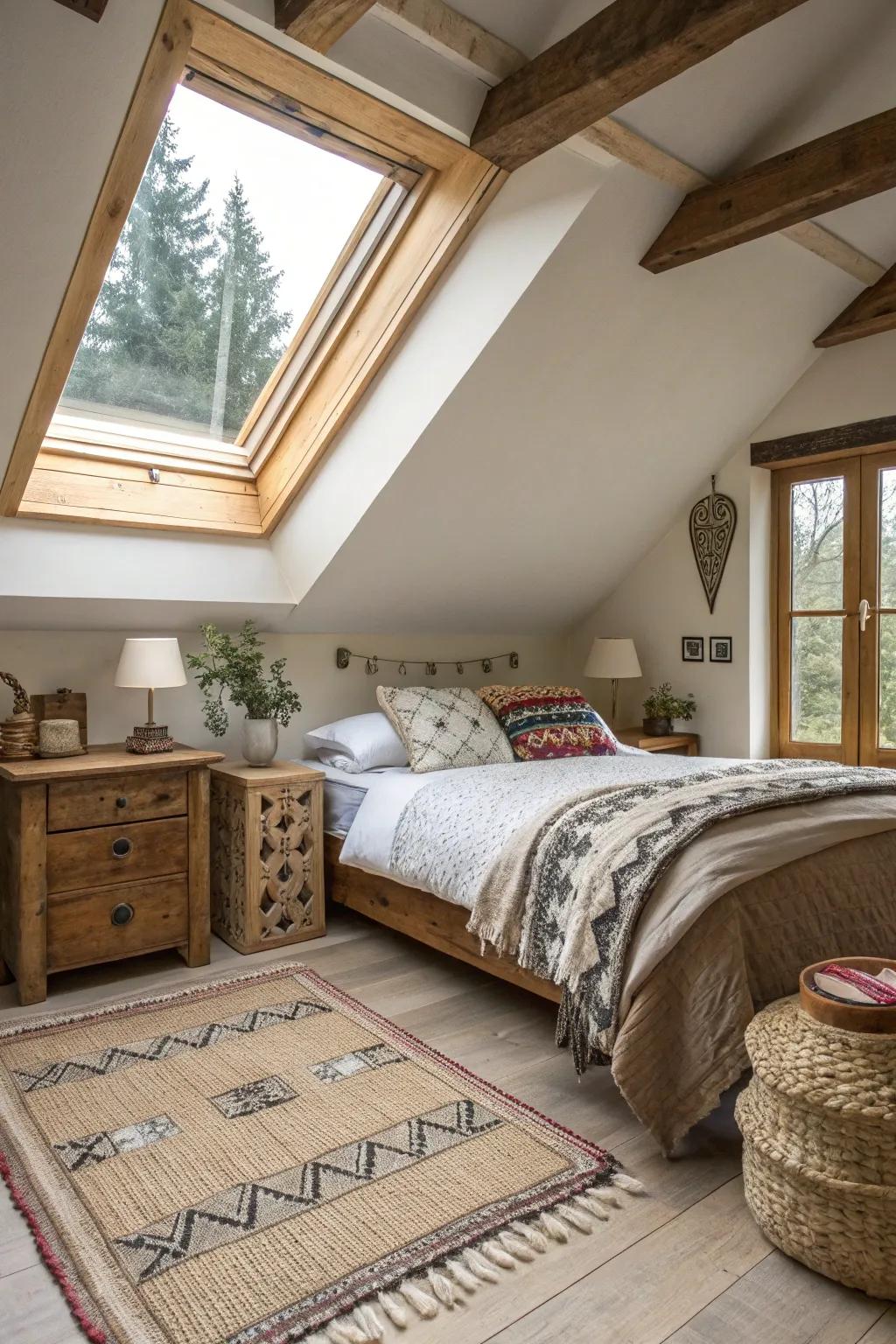 A relaxing bedroom showcasing a skylight with a natural wood border.