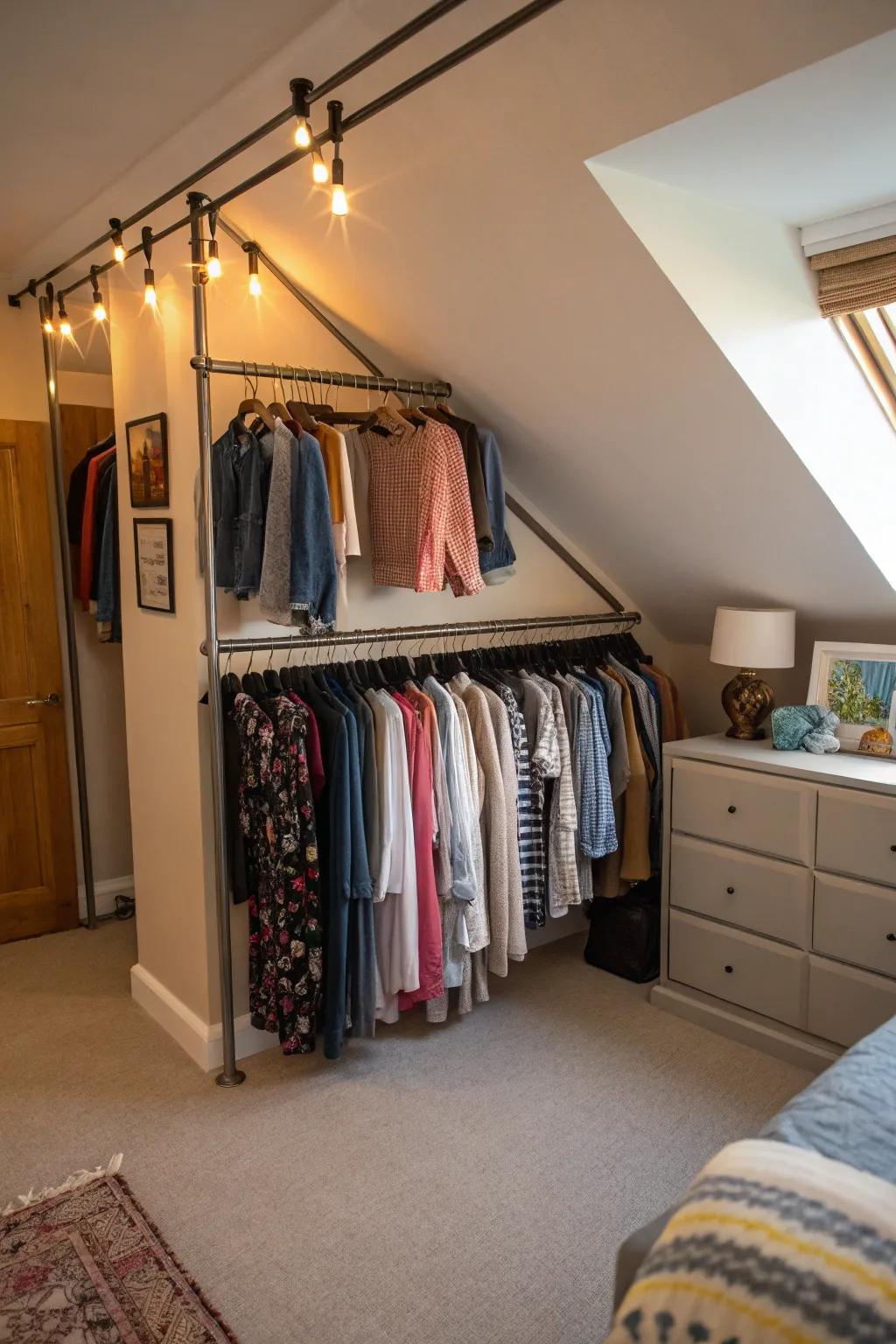 Enhance your wardrobe arrangement beneath sloping walls with hanging rods.