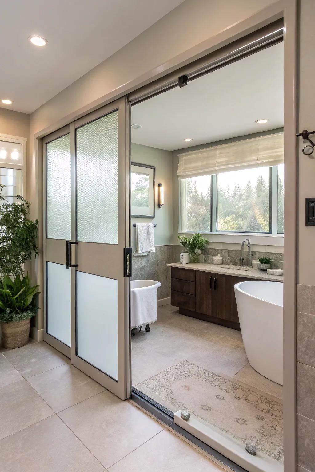 Frosted glass sliding doors perfectly balance light and privacy in this contemporary bathroom.