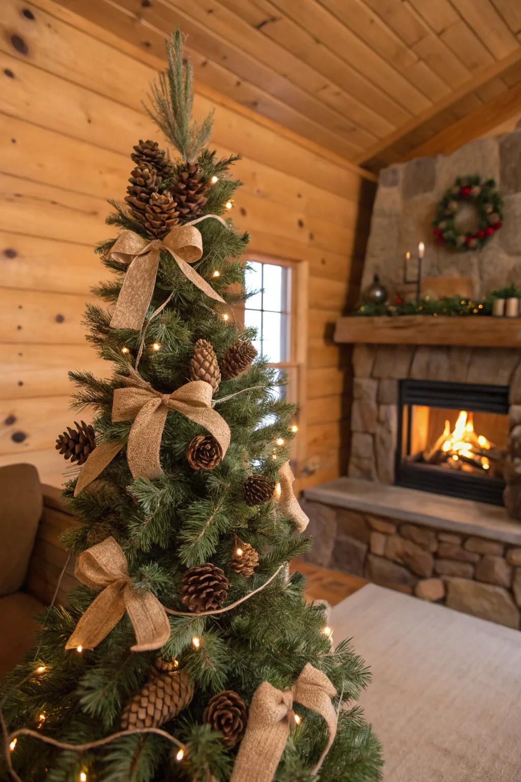 Earthy embellishments contribute warmth and allure to a narrow tree.