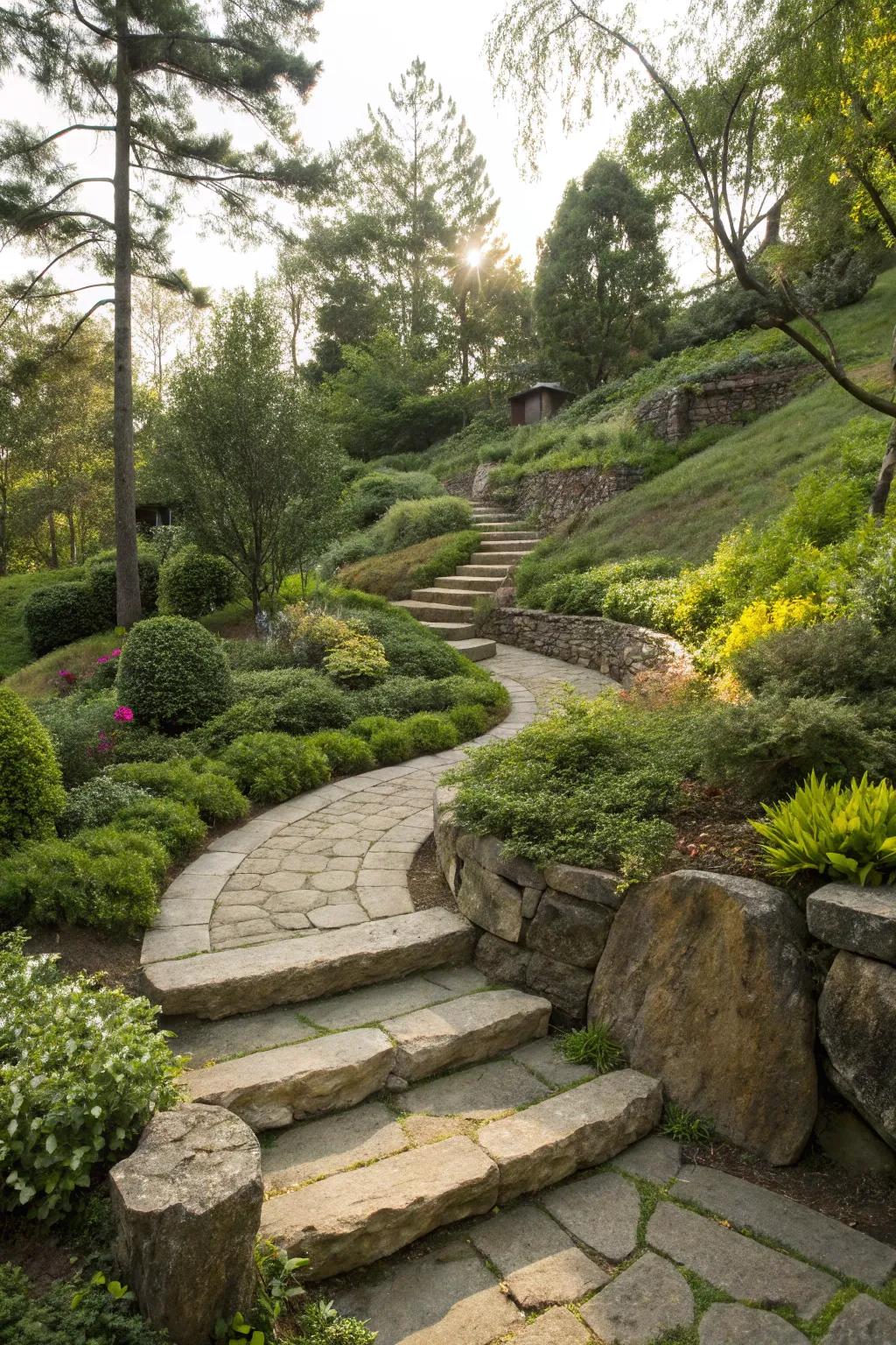 Stone pathways gracefully wind through this verdant sloped garden.