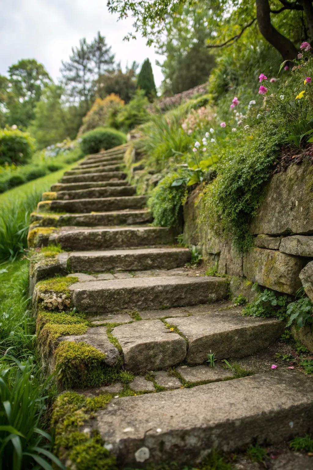 Stone steps merge functionality with natural beauty.