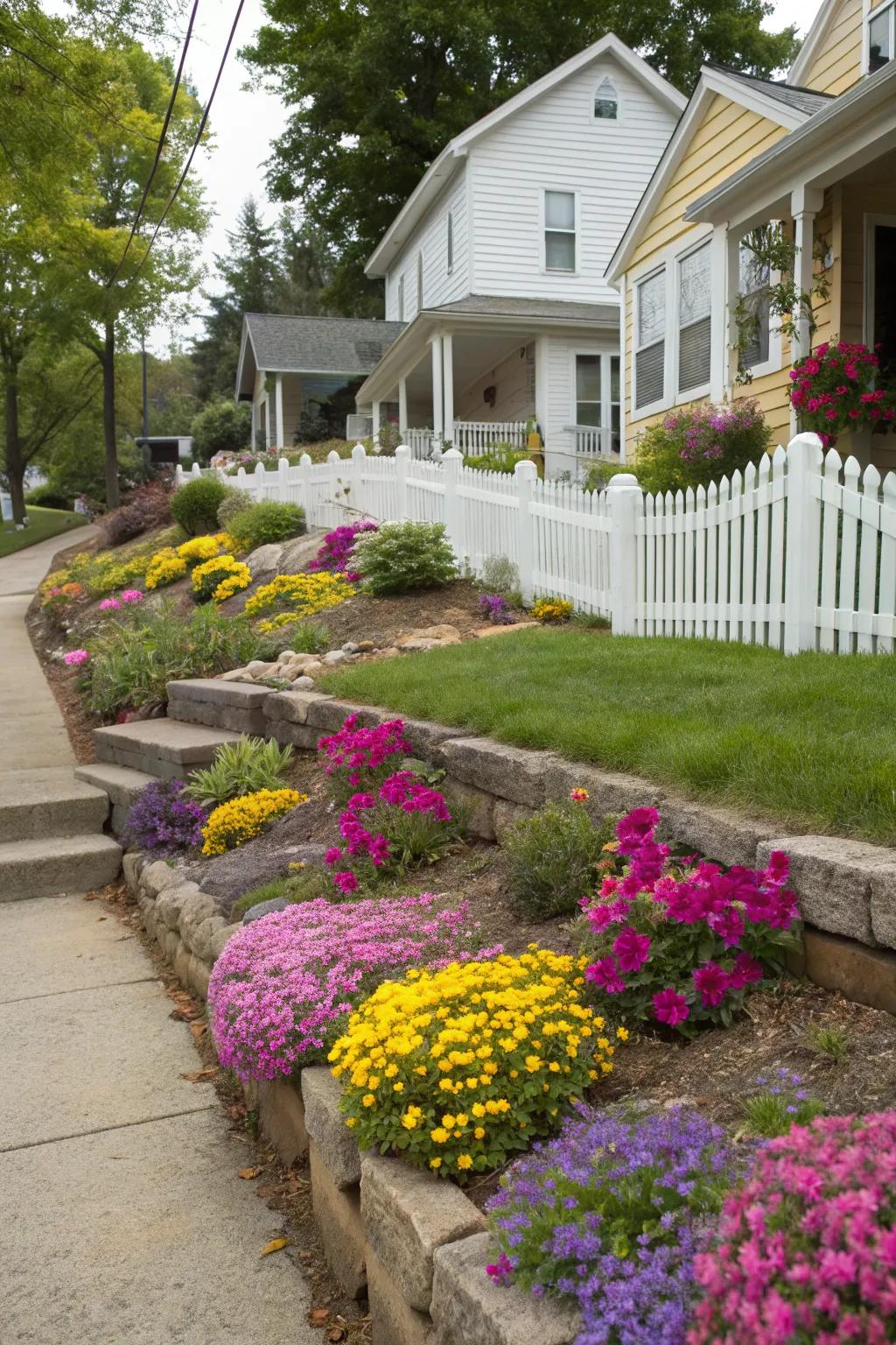 Bright flower beds bring life and charm to any sloped yard.