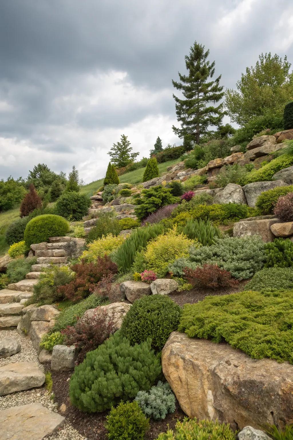 Plants layered for depth and intrigue in a rock garden.