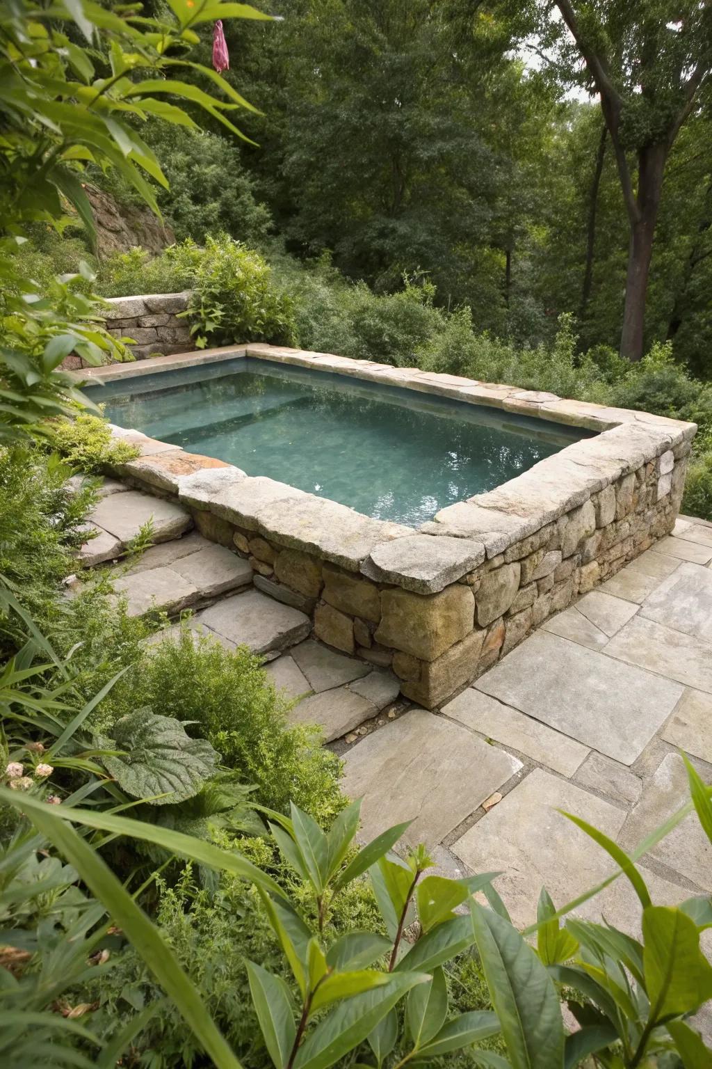 A charming above-ground pool displaying the grace of natural stone.