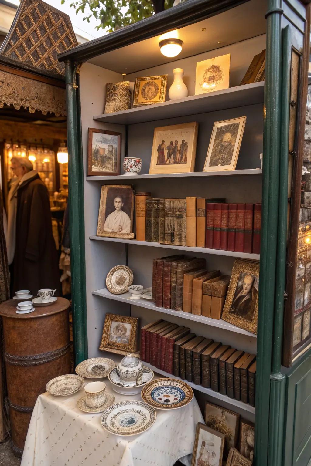 Vertical racks displaying artifacts and historic books